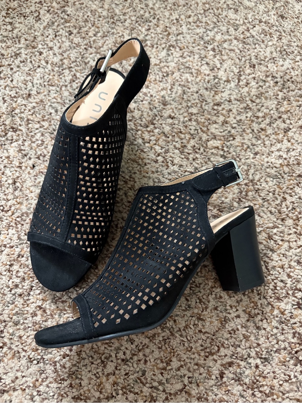 Unisa Black Laser-Cut Slingback Block Heels